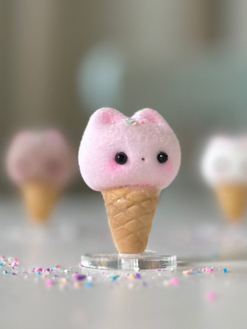 Preorder Strawberry Kitty Cone   2  inch Flocked Figurine with clear stand