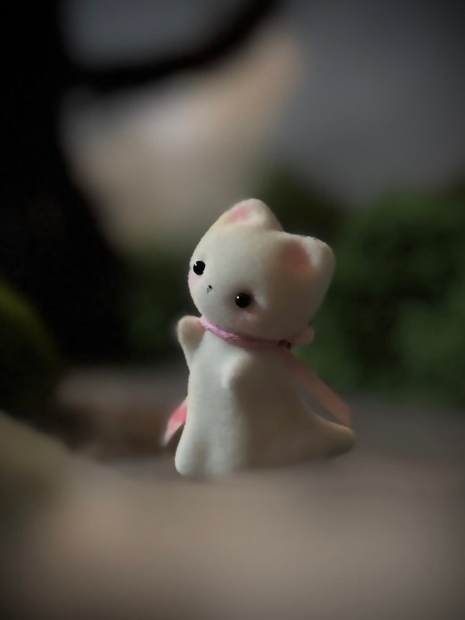 Preorder Ghost Kitten 1.75 inch Flocked Figurine with wooden display base