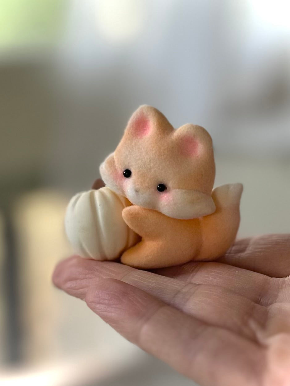Preorder Pumpkin Fox 2 x 2inch Flocked Figurine with wooden display base