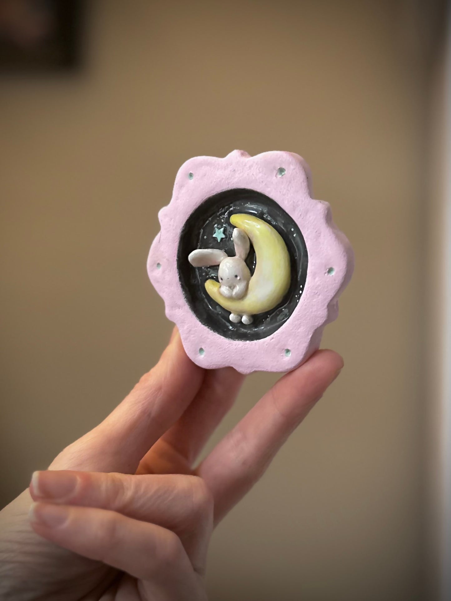 Bunny on the Moon  handmade clay Mini Wall Hanging 2.5x3.5