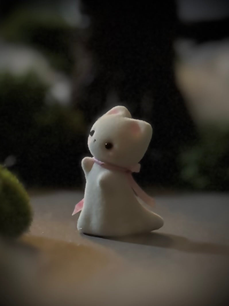 Preorder Ghost Kitten 1.75 inch Flocked Figurine with wooden display base