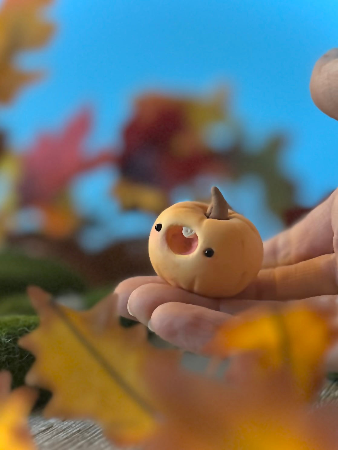 Single derpy punkins  1.5 clay figurine with wooden base.