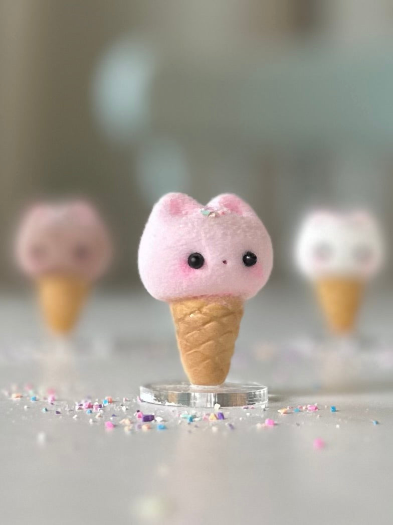 Preorder Strawberry Kitty Cone   2  inch Flocked Figurine with clear stand