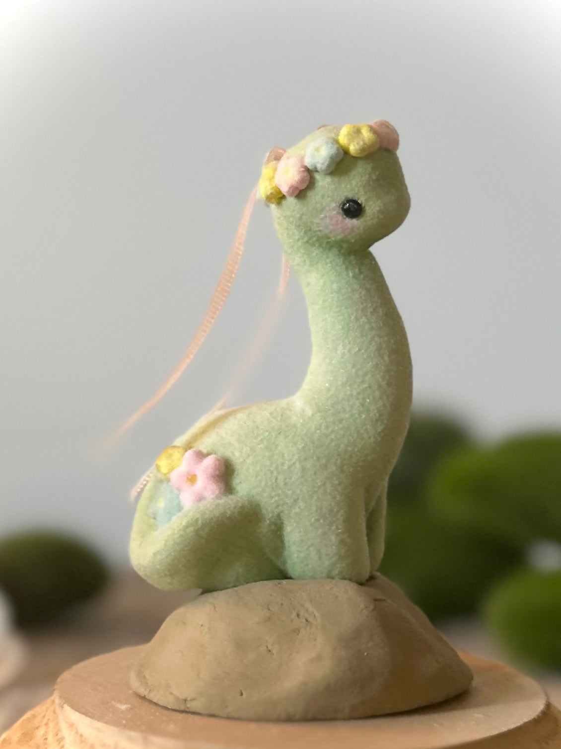 Spring Dino 5.5 inch Flocked Figurine in Glass Cloche