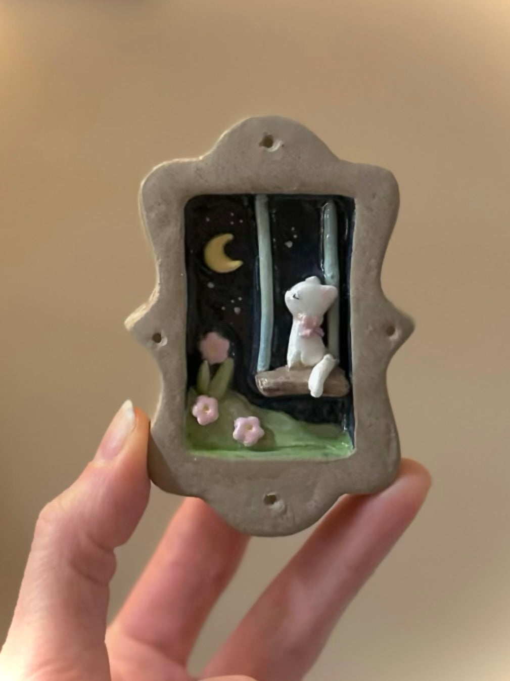 Cat on a Swing Mini Clay Wall Hanging 2.5x3.5