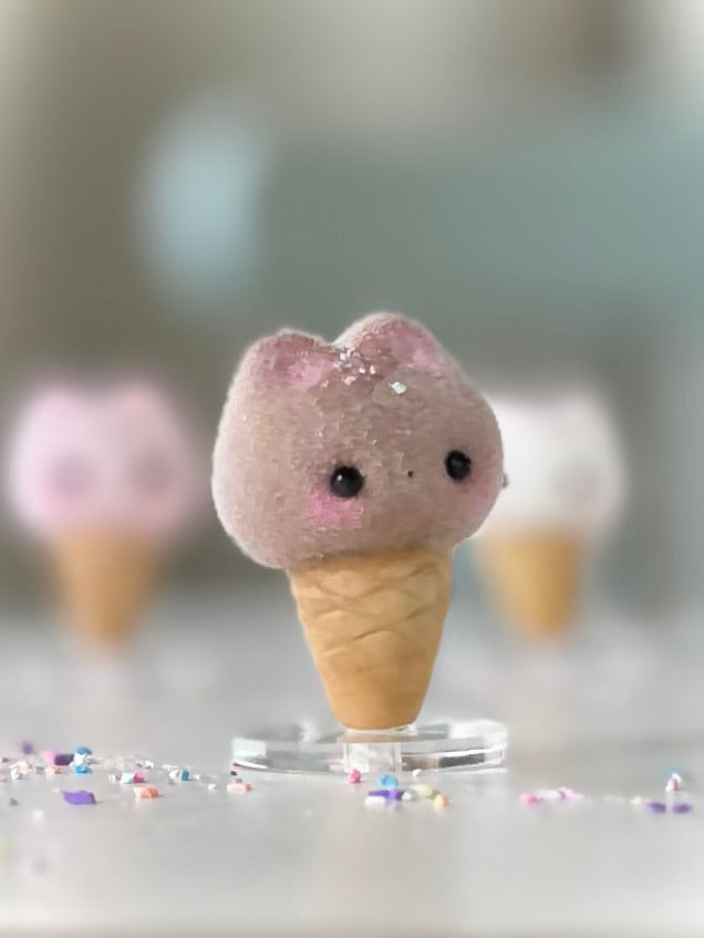 Preorder chocolate Kitty Cone  2  inch Flocked Figurine with clear stand
