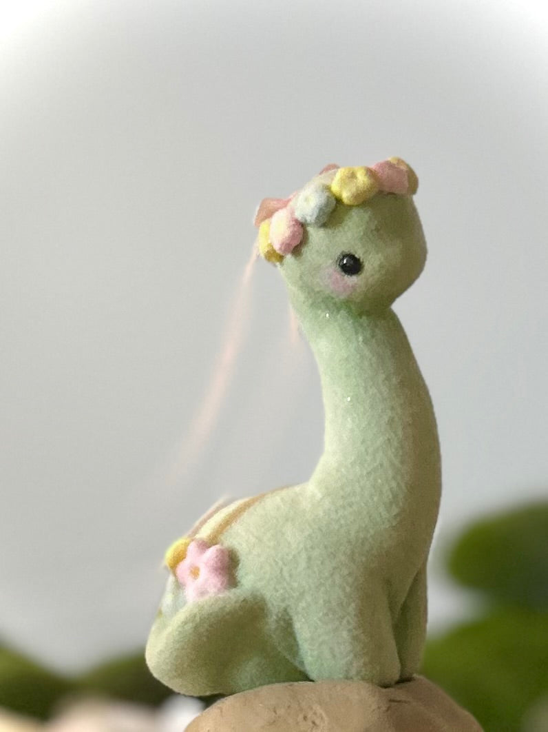 Spring Dino 5.5 inch Flocked Figurine in Glass Cloche