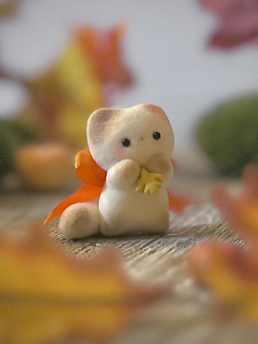 Fall Calico Cat 2  inch flocked, clay figurine with wooden base.