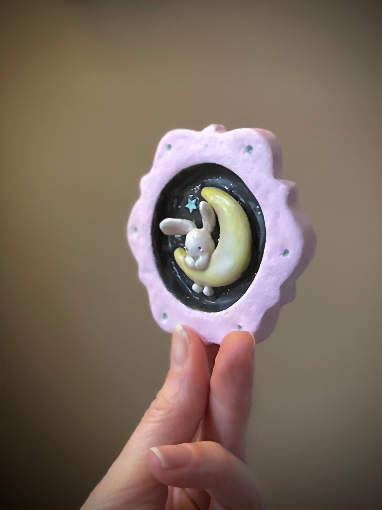 Bunny on the Moon  handmade clay Mini Wall Hanging 2.5x3.5