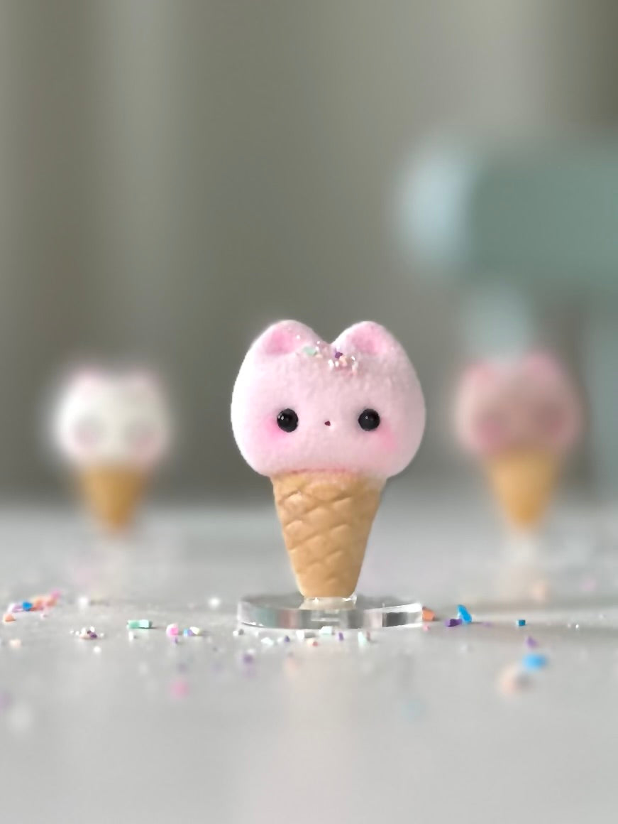 Preorder Strawberry Kitty Cone   2  inch Flocked Figurine with clear stand