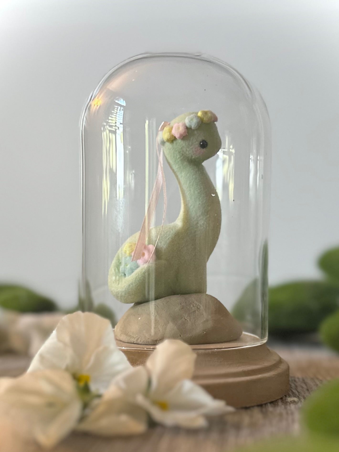 Spring Dino 5.5 inch Flocked Figurine in Glass Cloche