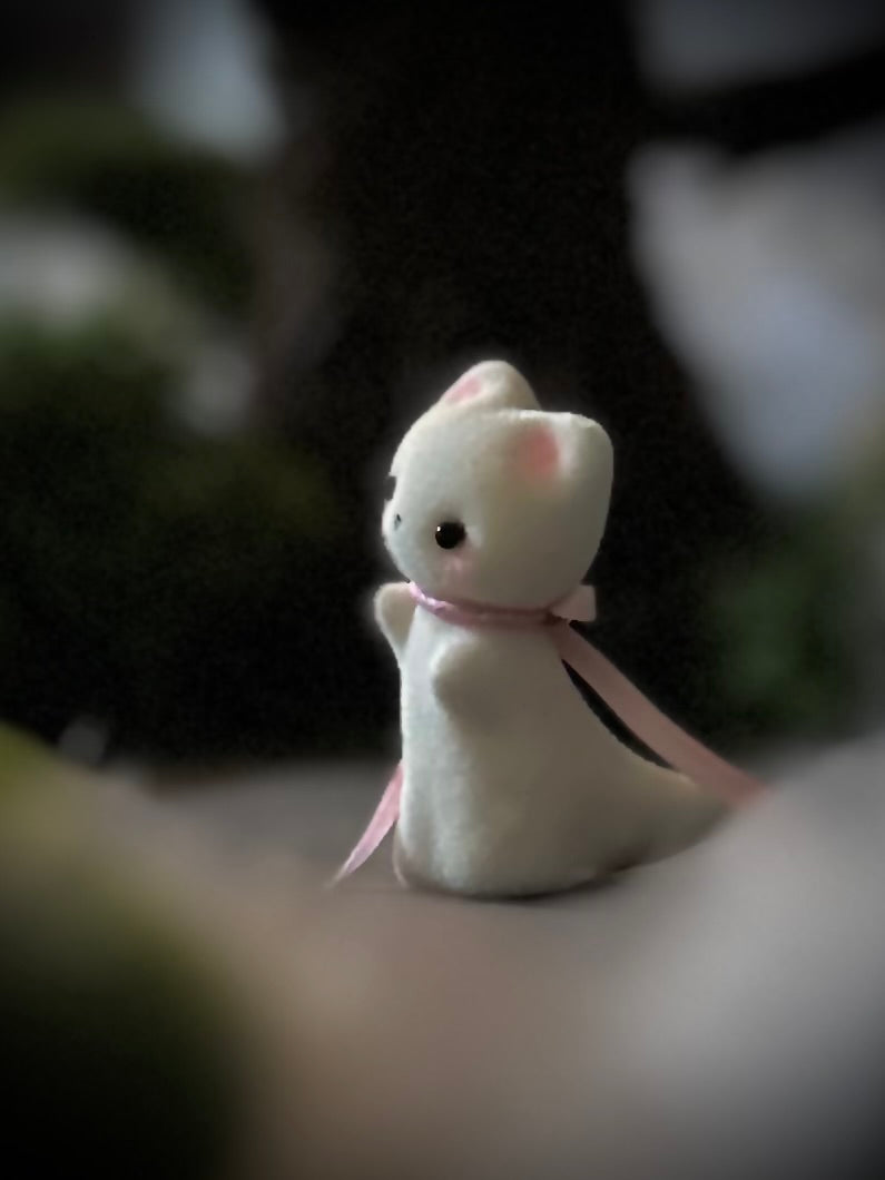 Preorder Ghost Kitten 1.75 inch Flocked Figurine with wooden display base