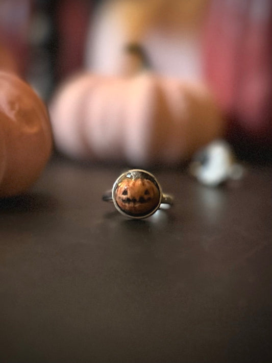 PRE ORDER Orange Jack O Lantern Ring on Adjustable Sterling Silver Band