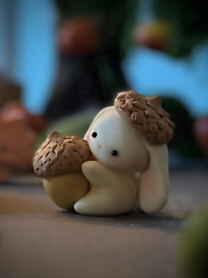 Preorder Acorn Bunny  2 x 2inch Flocked Figurine with wooden display base