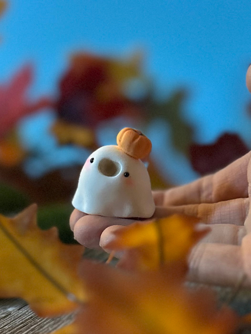 Derpy Boo 1.5 clay figurine with wooden base. Not flocked