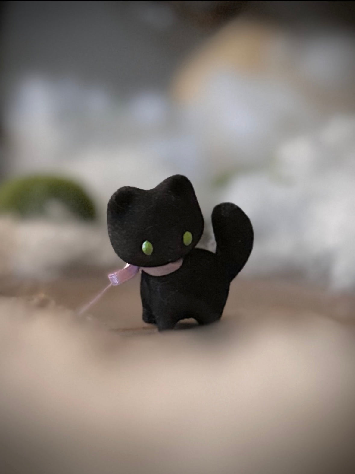 Stella Black Cat 2  inch flocked, clay figurine with wooden base.
