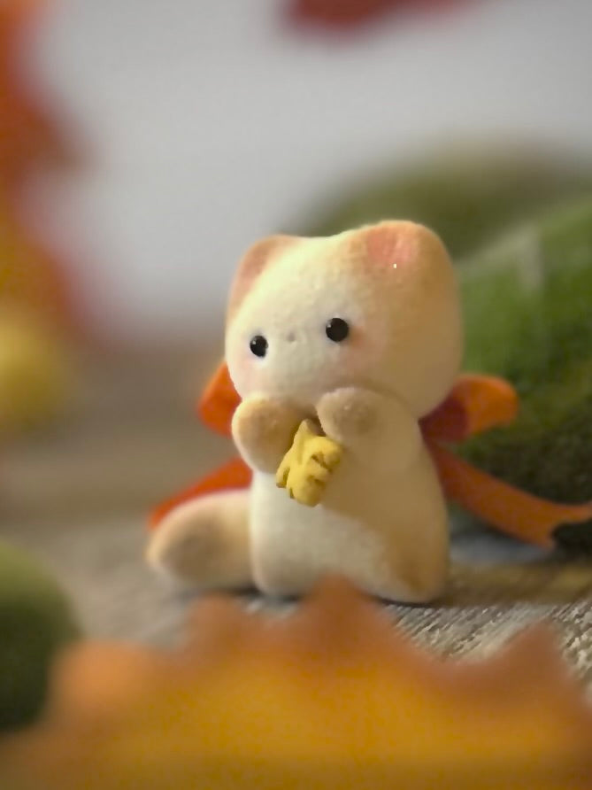 Fall Calico Cat 2  inch flocked, clay figurine with wooden base.