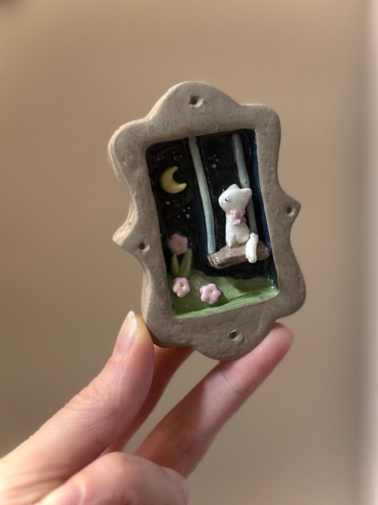 Cat on a Swing Mini Clay Wall Hanging 2.5x3.5