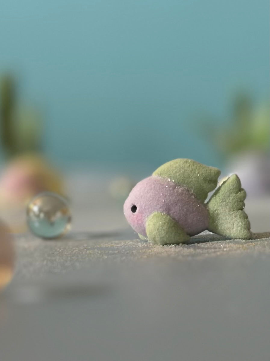 Preorder Lavender  little Fishy 1.25 inch Flocked Figurine with Wooden Display Base