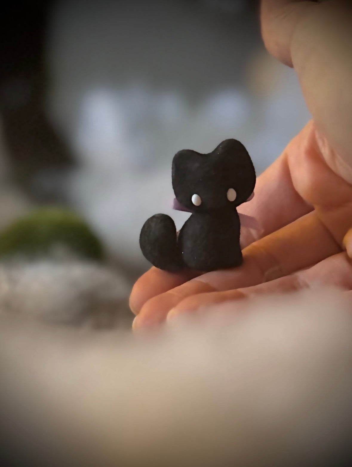 Charlie Black Cat 1.5 inch flocked, clay figurine with wooden base.