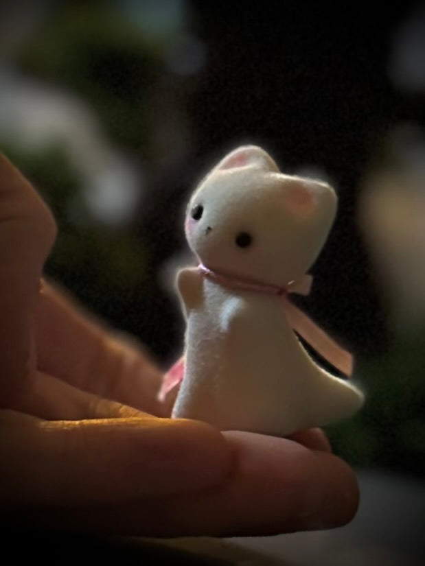 Preorder Ghost Kitten 1.75 inch Flocked Figurine with wooden display base