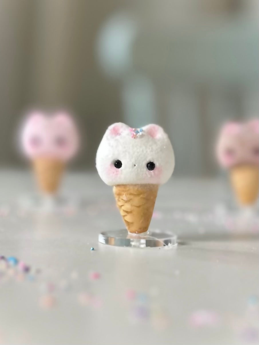 Preorder Vanilla  Kitty Cone  2  inch Flocked Figurine with clear stand