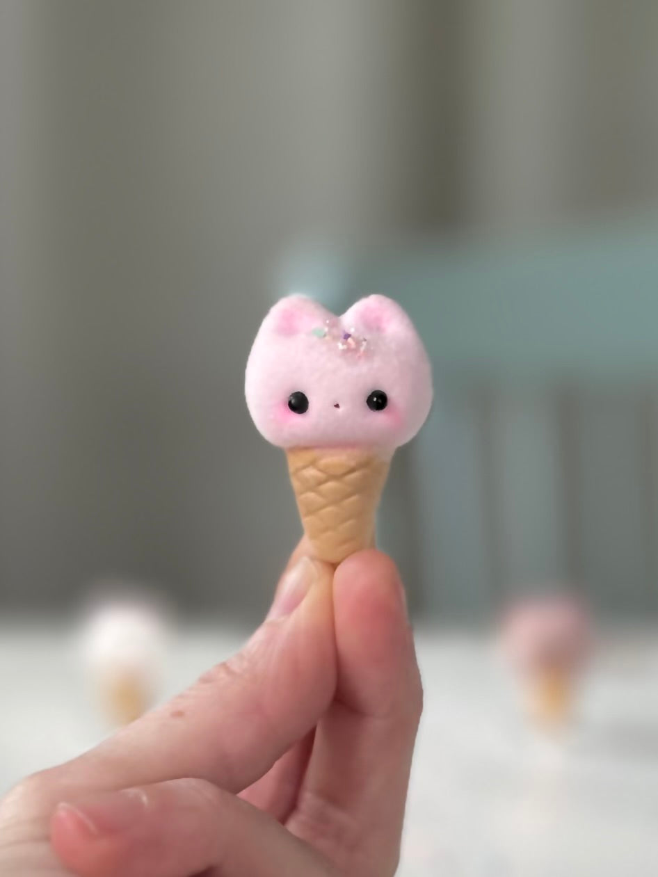 Preorder Strawberry Kitty Cone   2  inch Flocked Figurine with clear stand