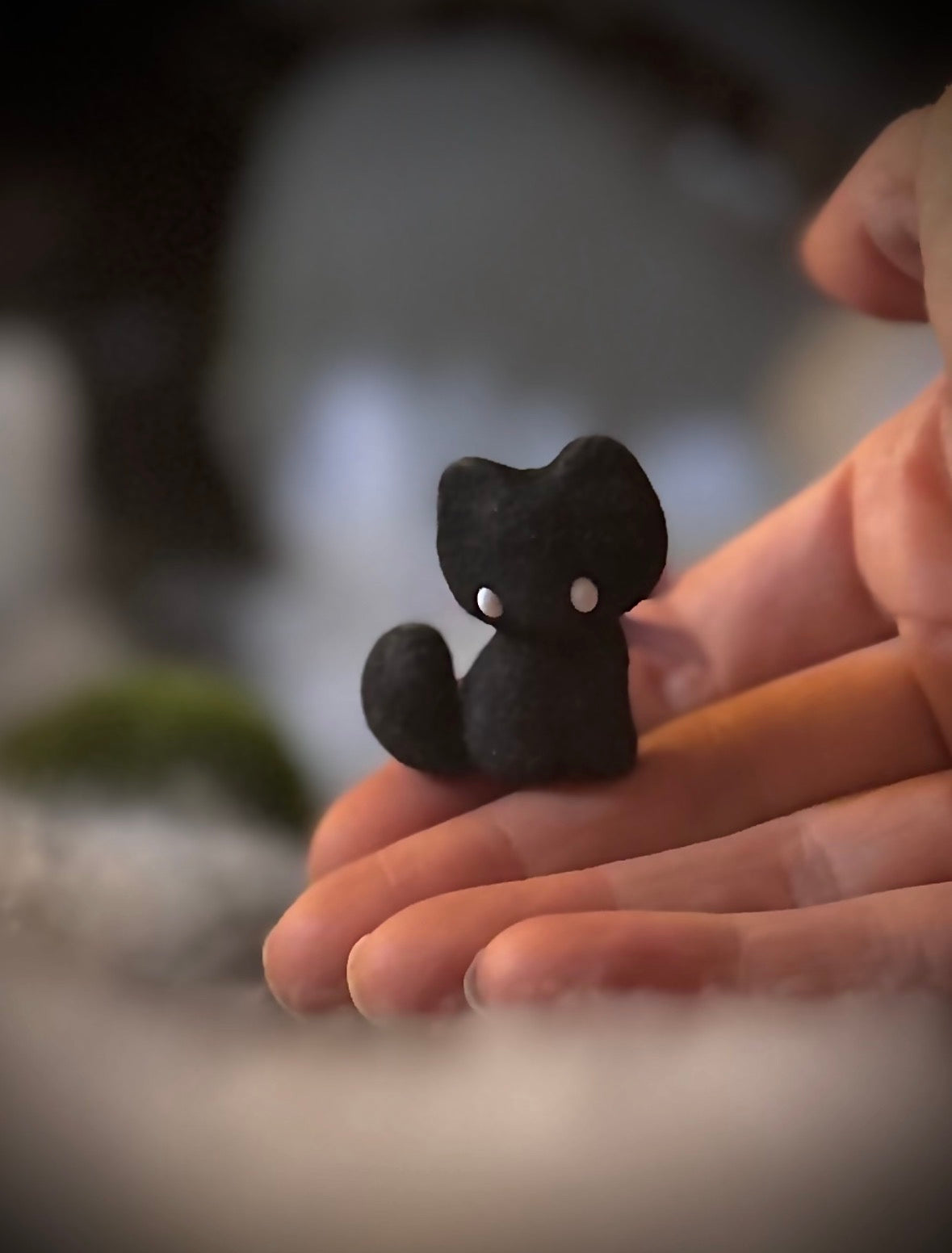 Charlie Black Cat 1.5 inch flocked, clay figurine with wooden base.