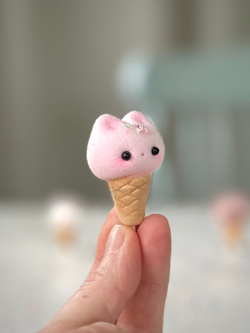 Preorder Strawberry Kitty Cone   2  inch Flocked Figurine with clear stand