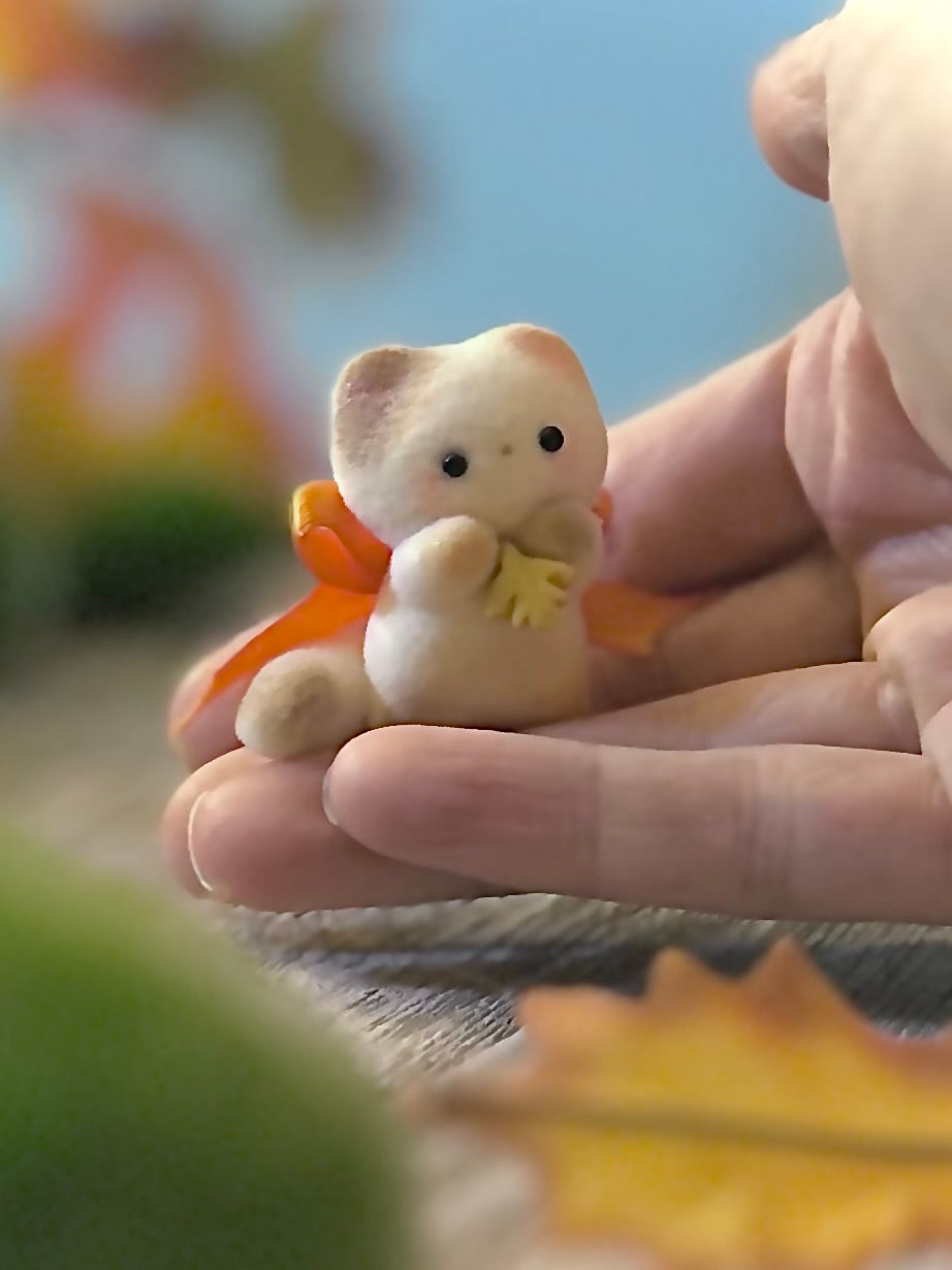Fall Calico Cat 2  inch flocked, clay figurine with wooden base.