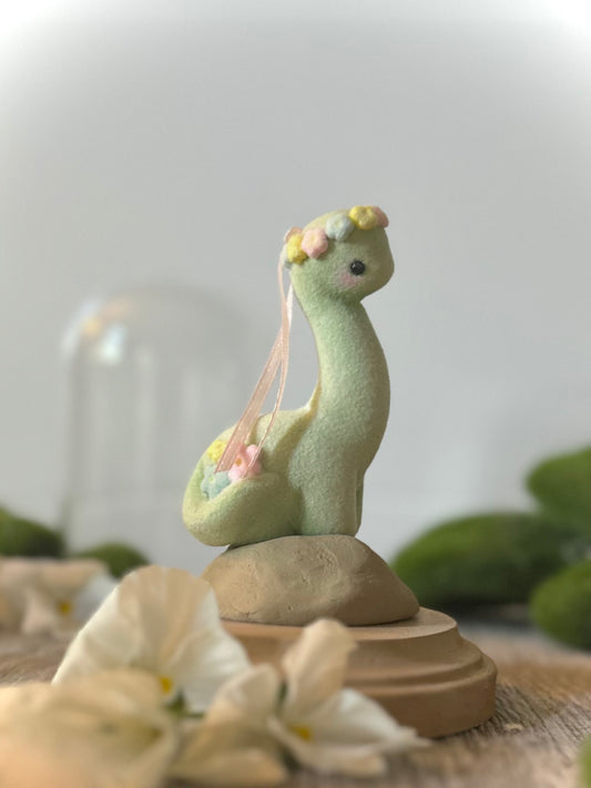 Spring Dino 5.5 inch Flocked Figurine in Glass Cloche
