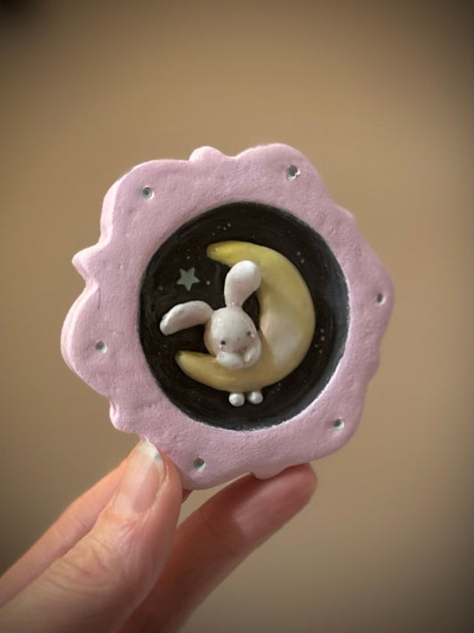 Bunny on the Moon  handmade clay Mini Wall Hanging 2.5x3.5