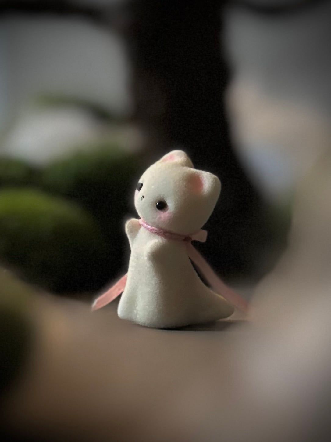 Preorder Ghost Kitten 1.75 inch Flocked Figurine with wooden display base