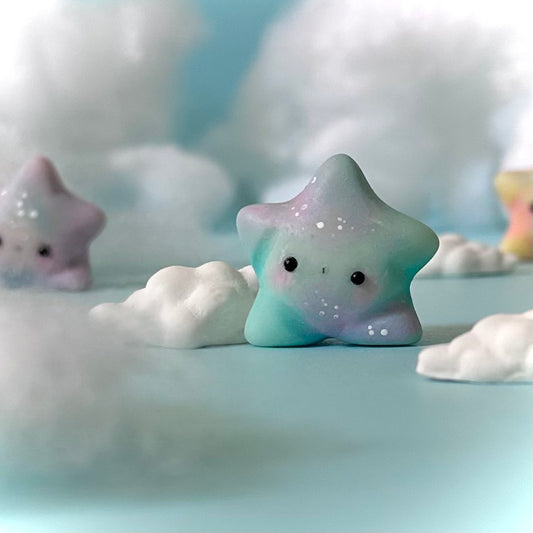 Multi colored Wishing Star with 2 Happy Little Clouds each desk buddy/figurine.