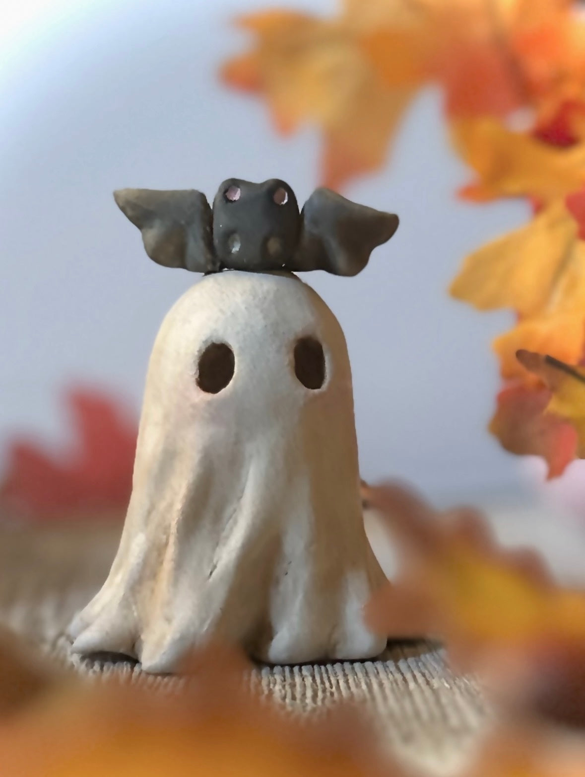 Medium Bat and Boo 3.5 inch clay figurine with pumpkin