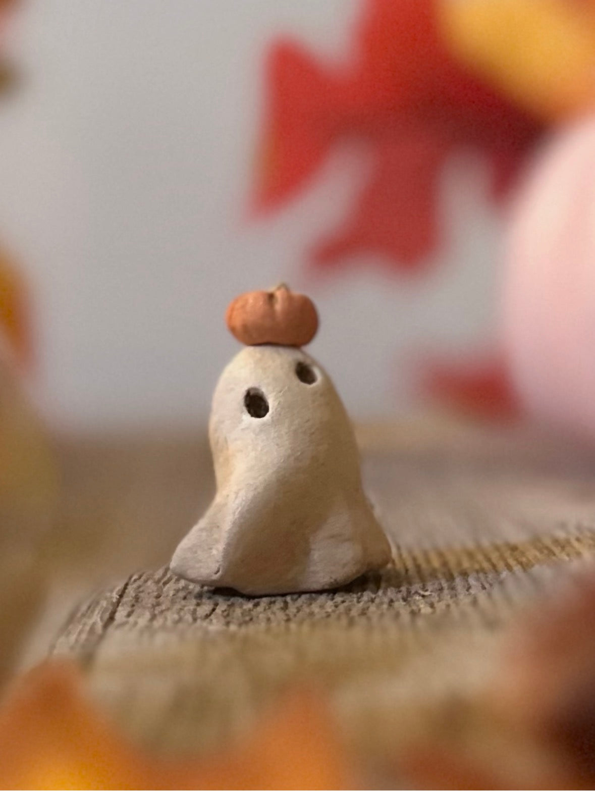Tiny Punkin head Boo 1.5 clay figurine with wooden base. Not flocked