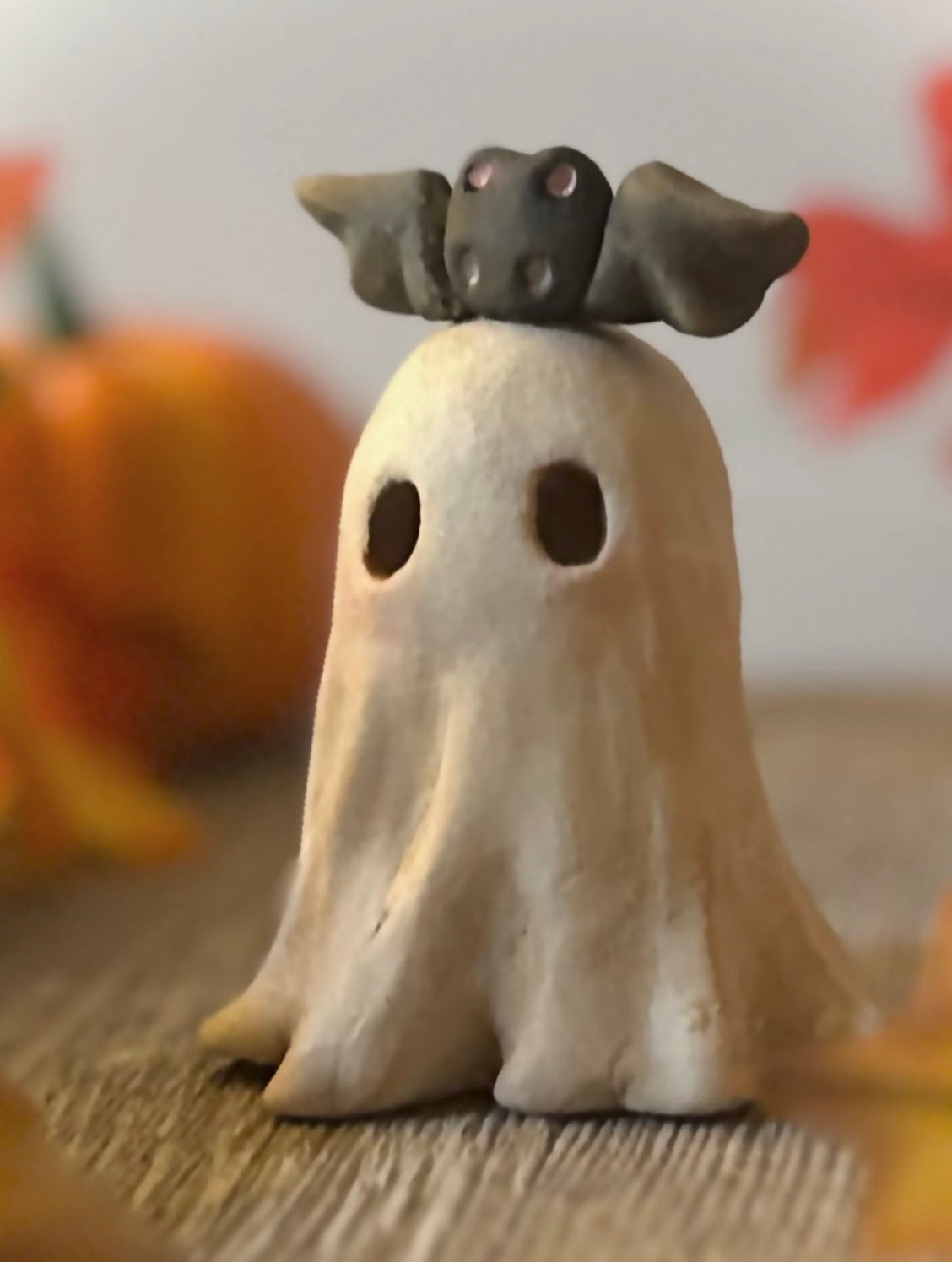 Medium Bat and Boo 3.5 inch clay figurine with pumpkin