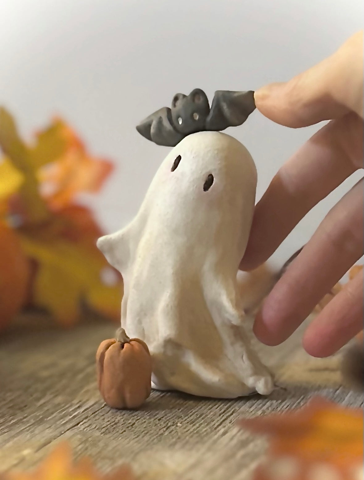 Large Bat and Boo 4 inch clay figurine with pumpkin