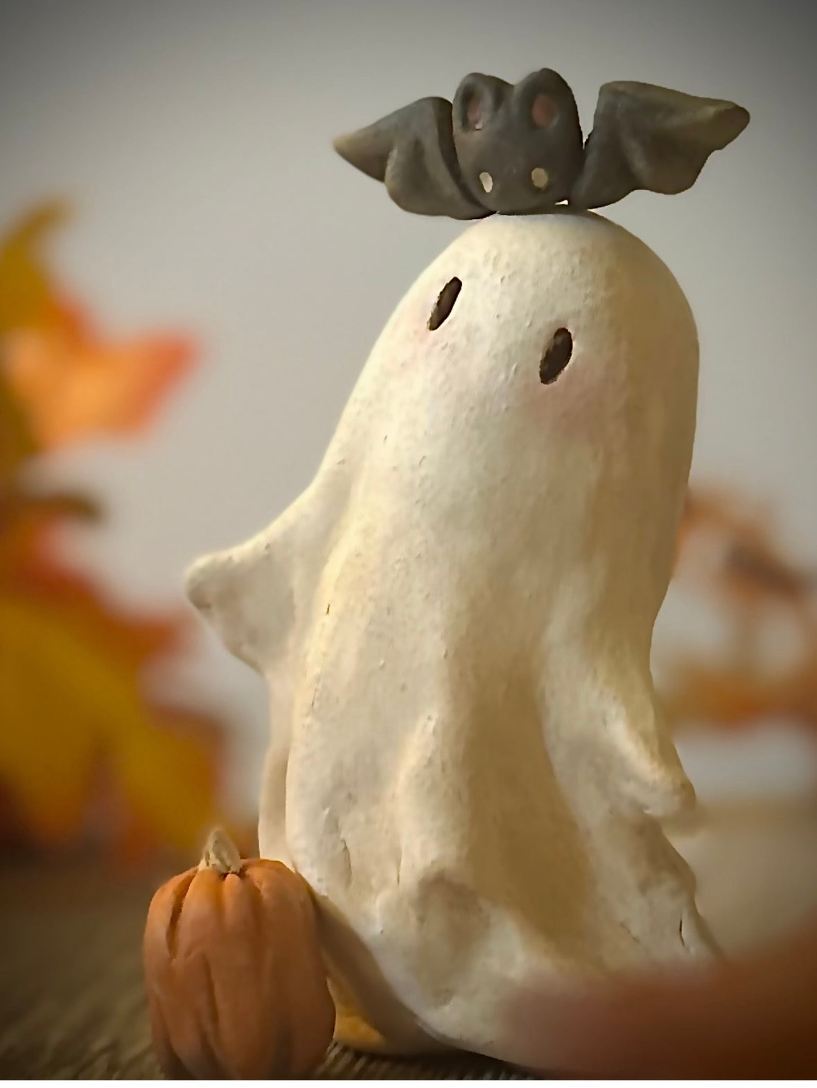 Large Bat and Boo 4 inch clay figurine with pumpkin