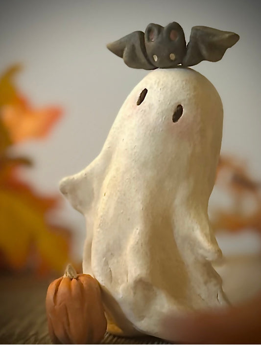 Large Bat and Boo 4 inch clay figurine with pumpkin