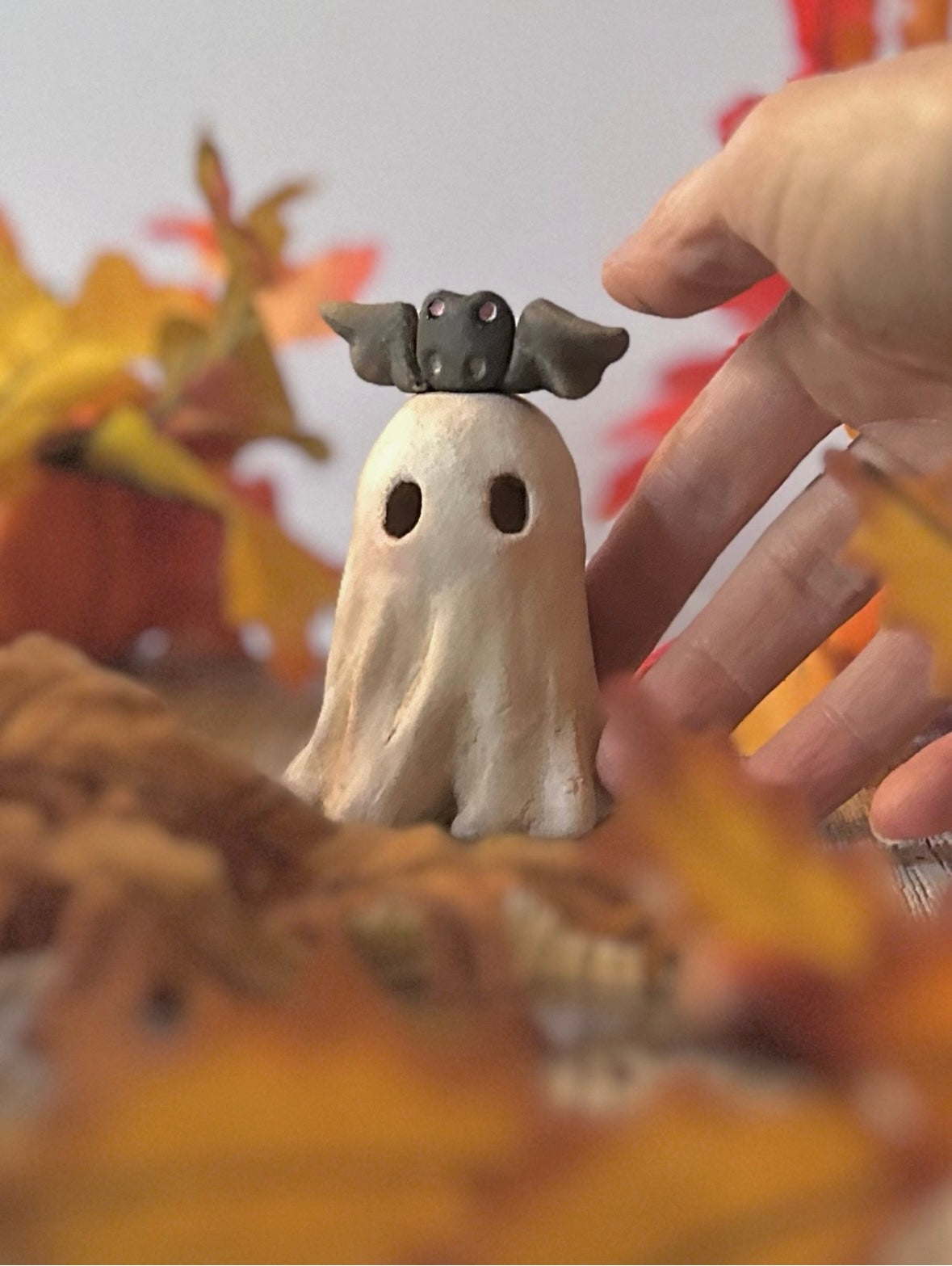 Medium Bat and Boo 3.5 inch clay figurine with pumpkin