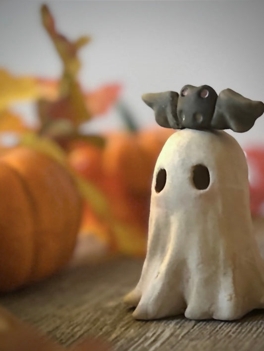 Medium Bat and Boo 3.5 inch clay figurine with pumpkin