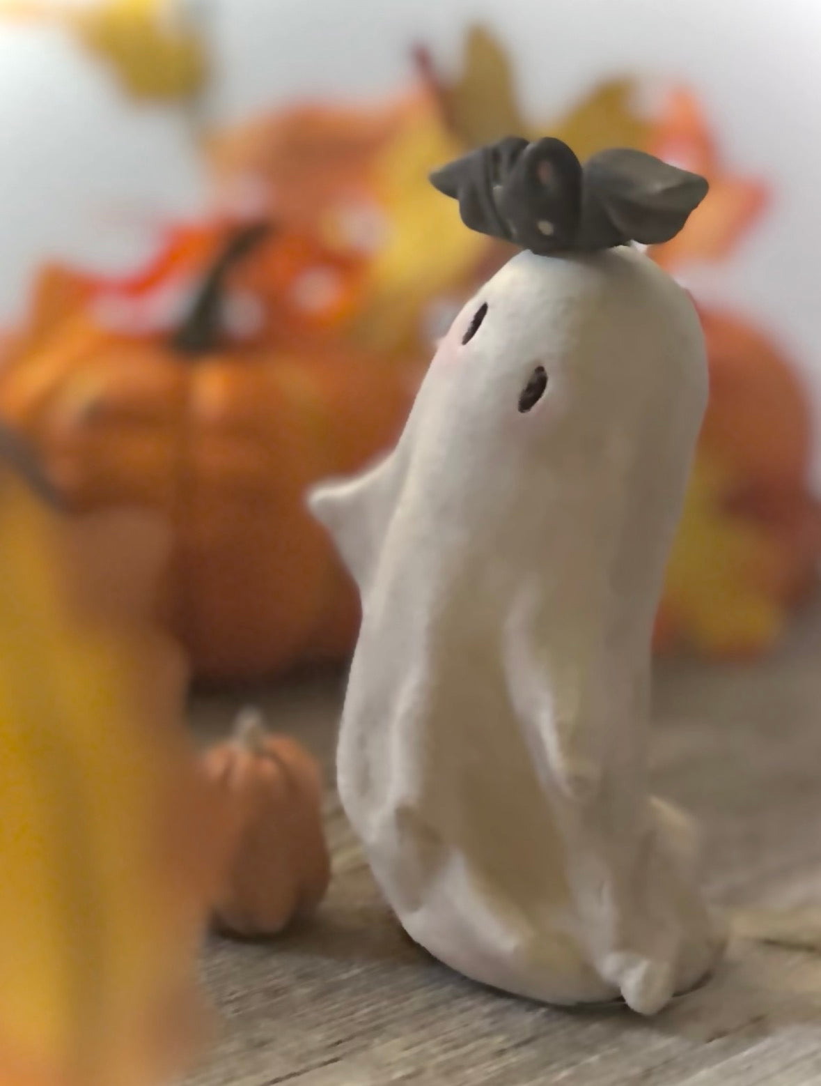 Large Bat and Boo 4 inch clay figurine with pumpkin