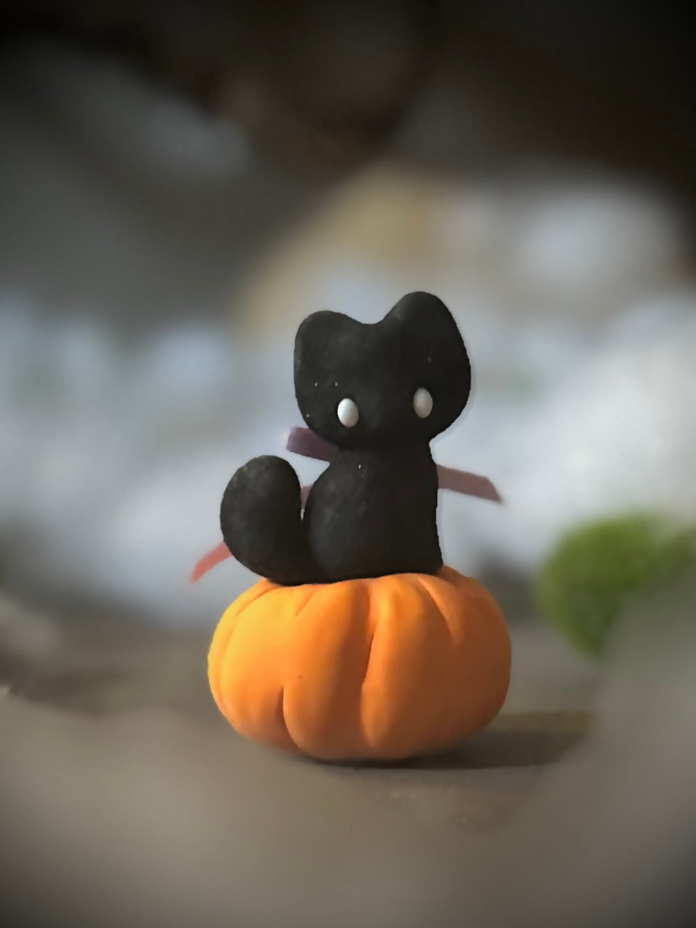 Charlie Black Cat with Pumkin base.  2.25 inch clay figurine. Pumpkin not flocked