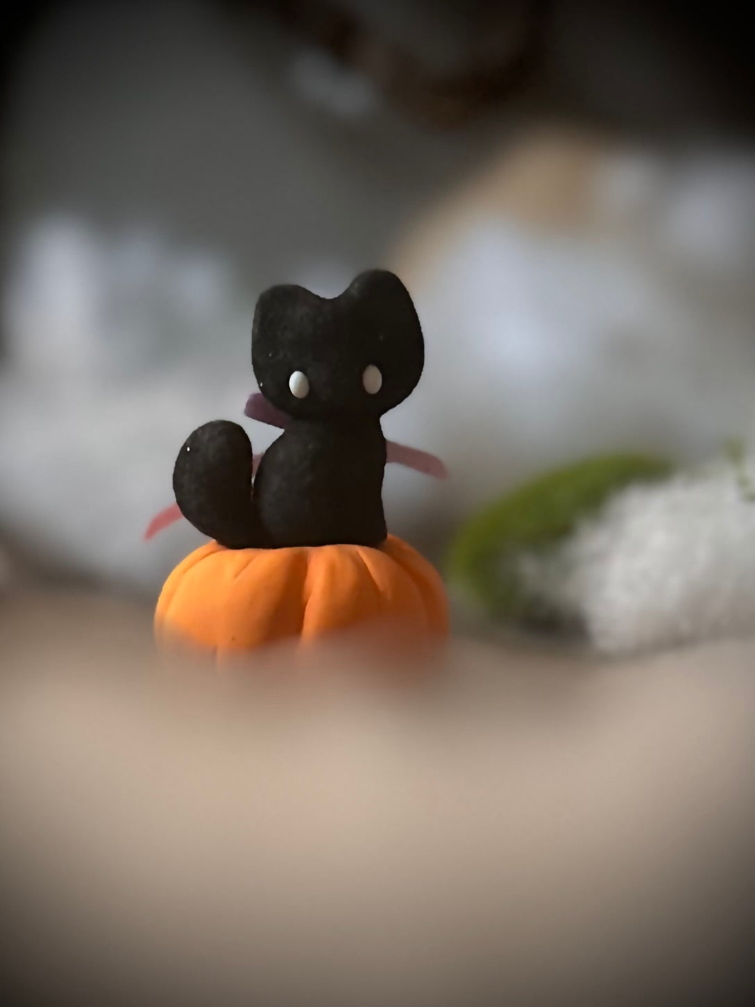 Charlie Black Cat with Pumkin base.  2.25 inch clay figurine. Pumpkin not flocked